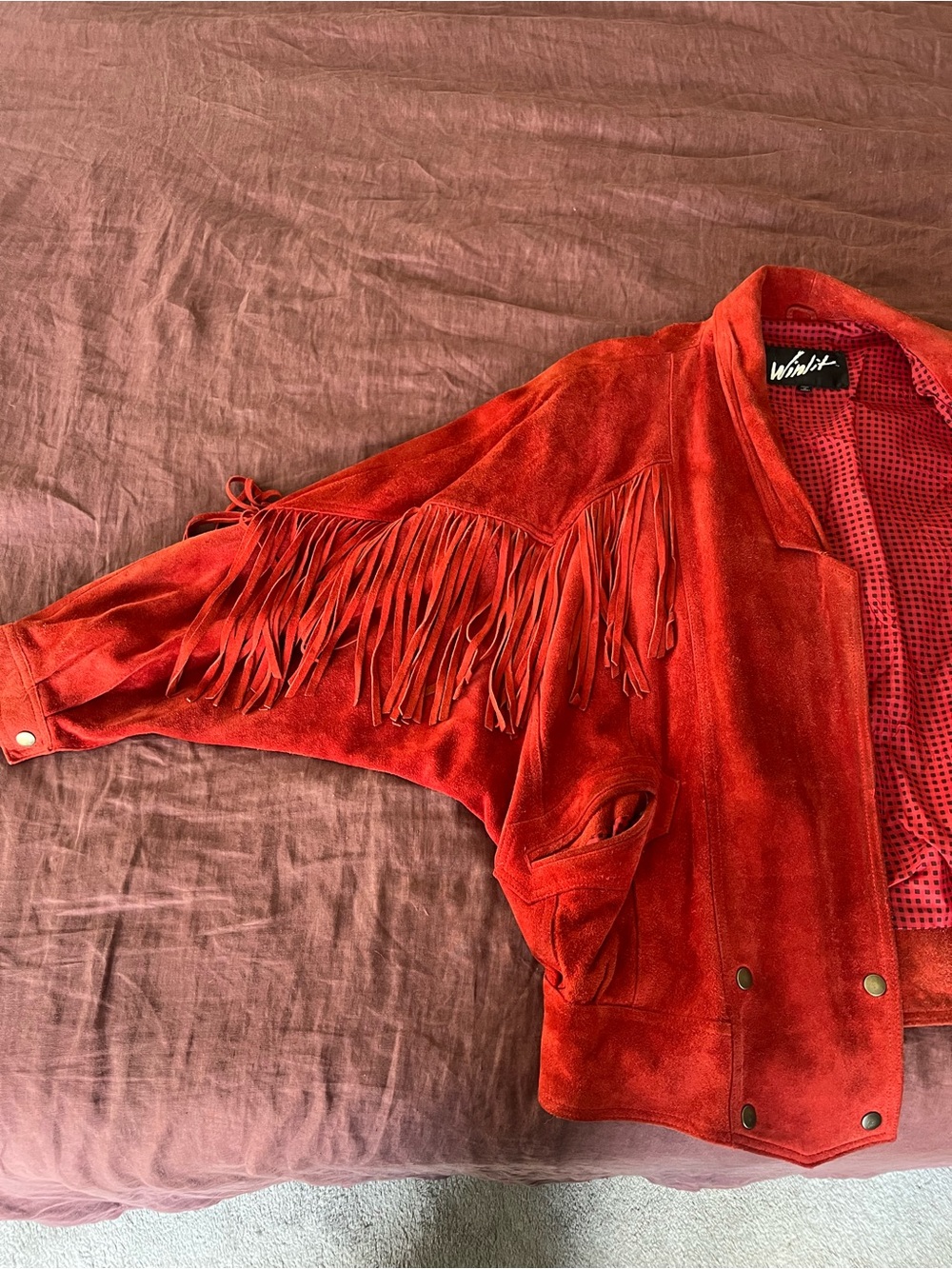 Vintage Winlit Western 100% Genuine Leather Suede Red Fringe Jacket L - Picture 10 of 12